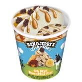 A cup of Ben & Jerrys - Oh My Banoffee Pie - 427ml with bananas and chocolate chips.