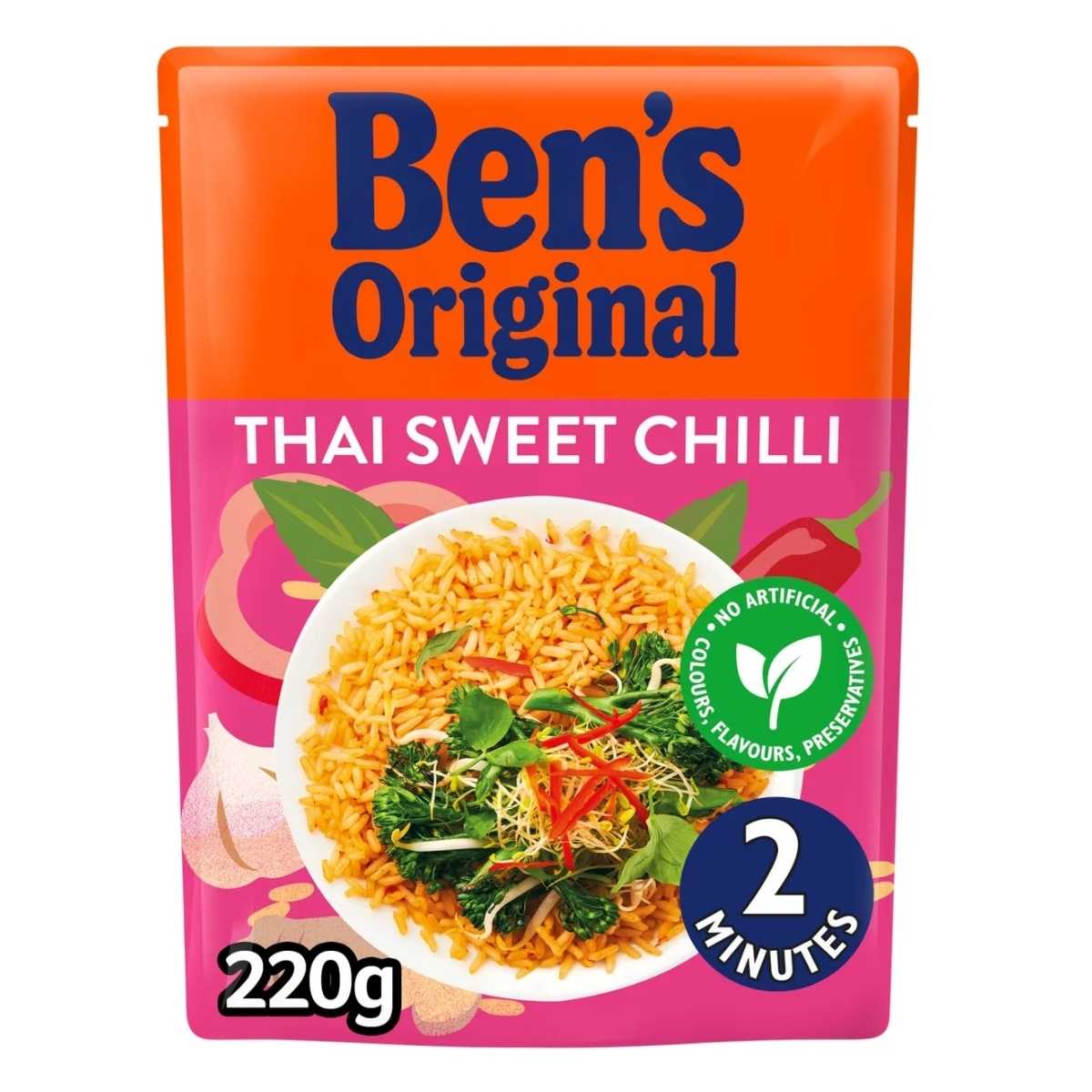 A 220g pack of Ben's Original Thai Sweet Chilli Microwave Rice offers a quick meal in just 2 minutes, featuring aromatic rice and herbs. A 220g pack of Ben's Original Thai Sweet Chilli Microwave Rice offers a quick meal in just 2 minutes, featuring aromatic rice and herbs.
