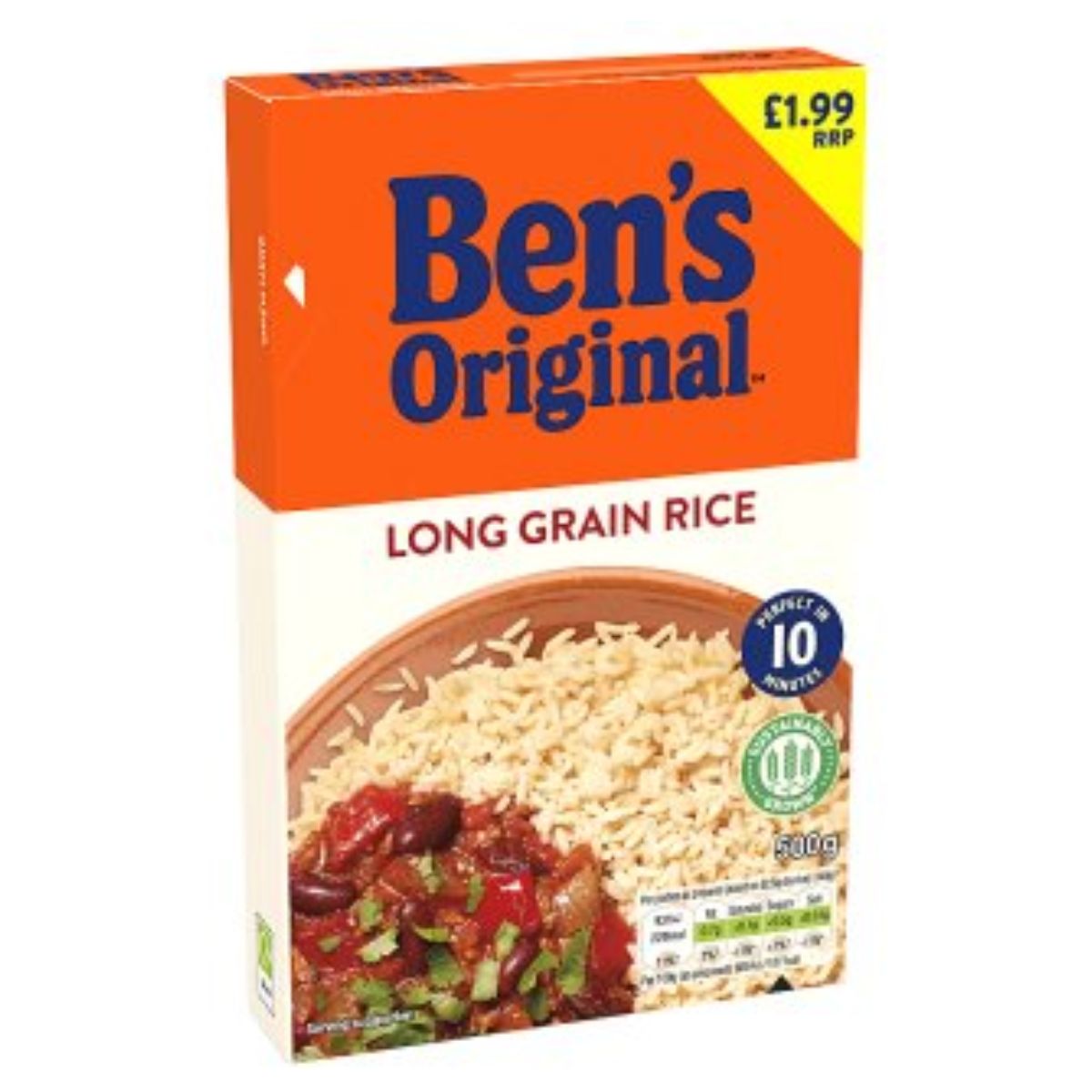 A box of Bens Original - Long Grain Rice - 500g, featuring cooked rice and stew on the front and a £1.99 RRP label in the top right corner. A box of Bens Original - Long Grain Rice - 500g, featuring cooked rice and stew on the front and a £1.99 RRP label in the top right corner.