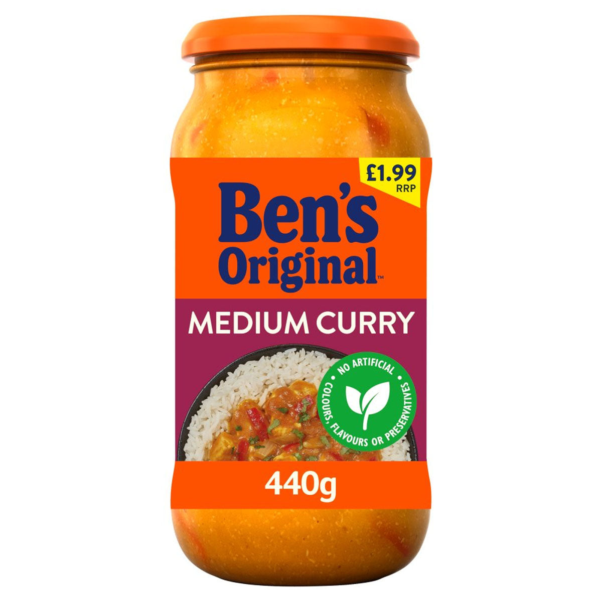 A jar of Bens Original - Medium Curry Sauce - 440g with a label.