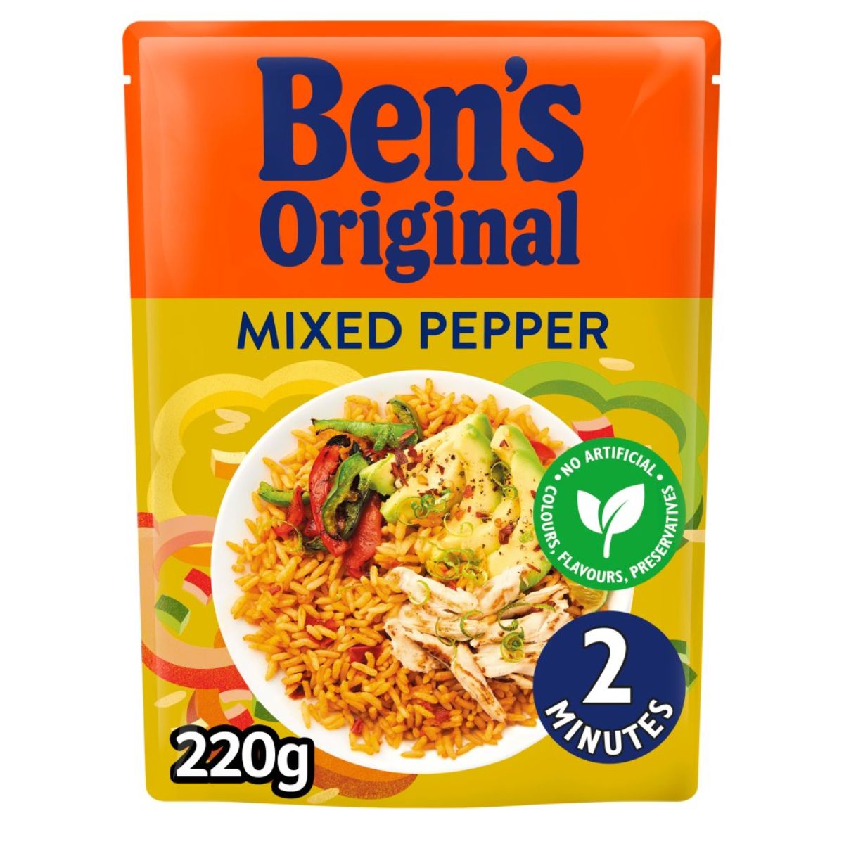 Package of Bens Original - Mixed Pepper Microwave Rice - 220g, ready in 2 minutes.