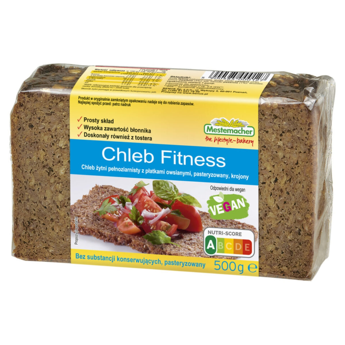 A loaf of Benus - Fitness Whole Grain Rye Bread (Chleb Fitness) - 500g with the words cheb fitness on it, made with high fiber content.