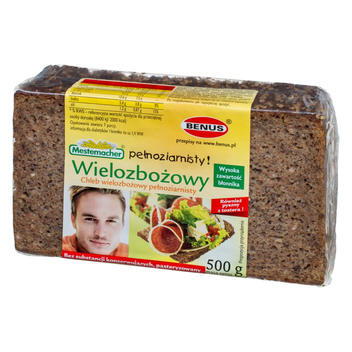 A Benus - Mestemacher Multigrain Wholemeal Bread - 500g with meat on it.