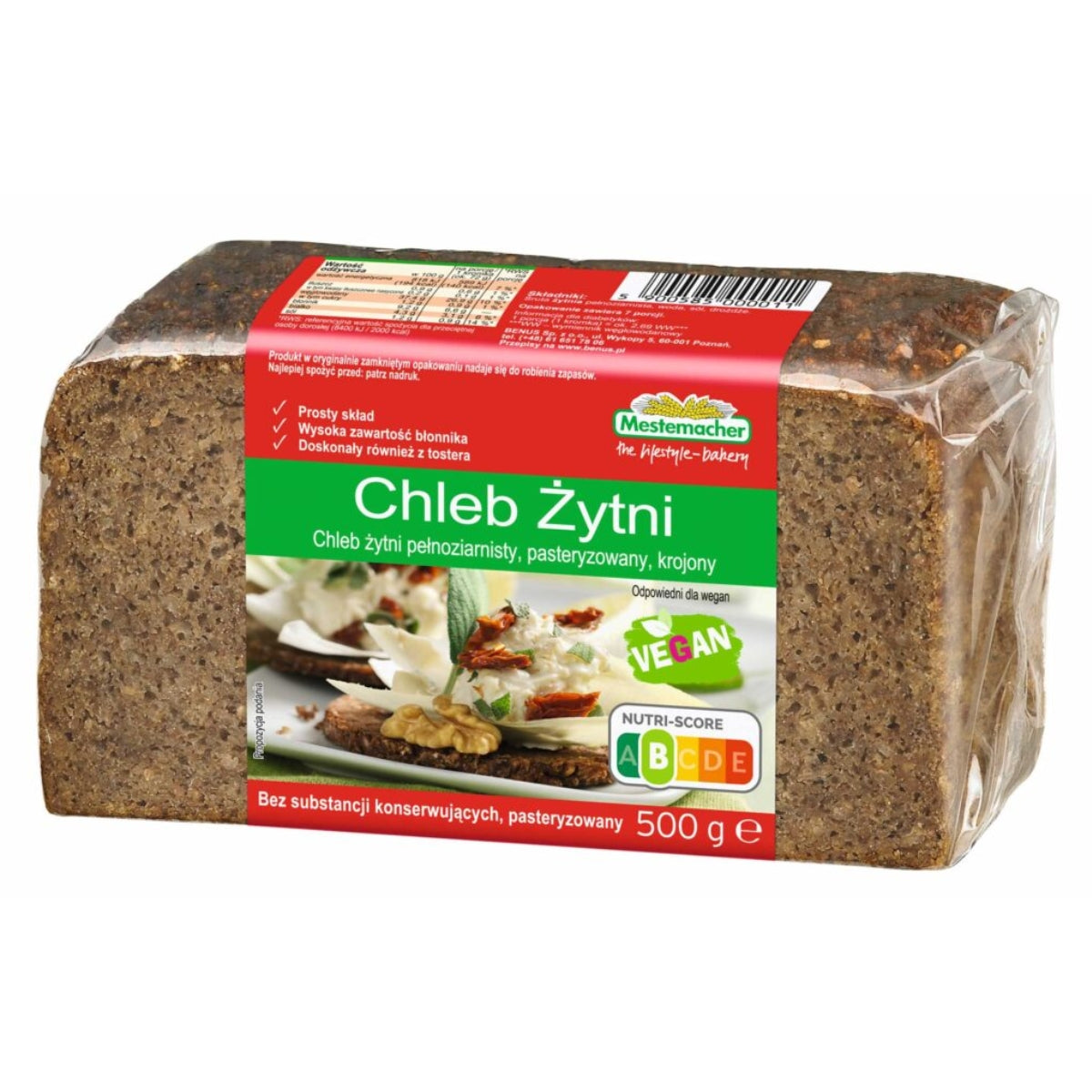 A loaf of Benus - Whole Grain Rye Bread (Chleb Zytni) - 500g with cheeb zynn on it.