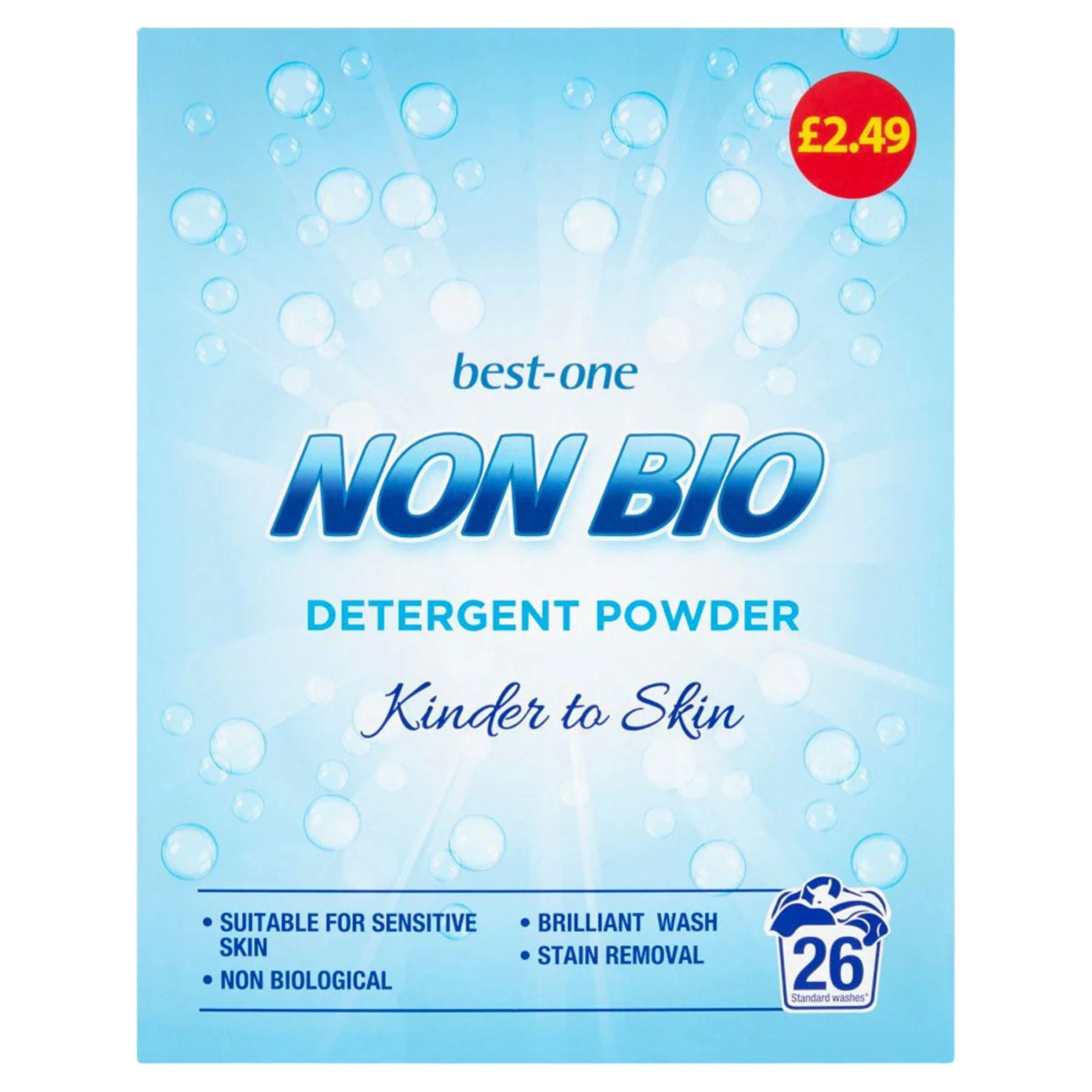 Best-One Non Bio Detergent Powder, 26 washes (1768g), £2.49. Kinder to skin and suitable for sensitive skin, with blue bubbles on the box. Provides excellent stain removal. Best-One Non Bio Detergent Powder, 26 washes (1768g), £2.49. Kinder to skin and suitable for sensitive skin, with blue bubbles on the box. Provides excellent stain removal.