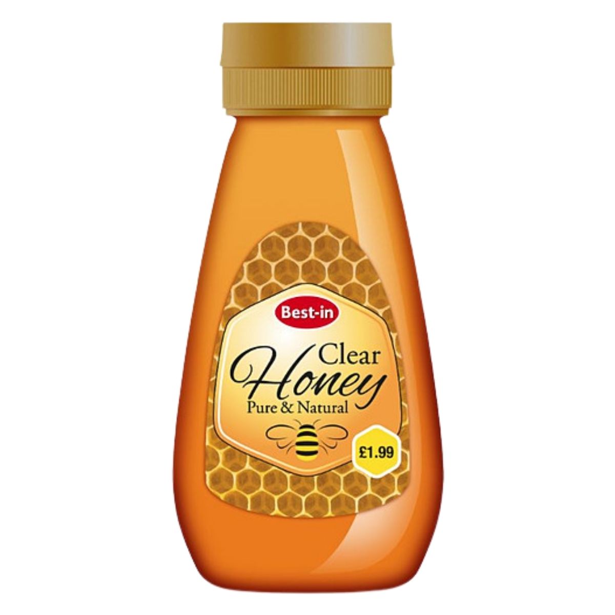 A 340g plastic squeeze bottle of Best-in Clear Honey features a honeycomb design, “Pure & Natural” label, and a £1.99 price tag on the front, highlighting its natural sweetness. A 340g plastic squeeze bottle of Best-in Clear Honey features a honeycomb design, “Pure & Natural” label, and a £1.99 price tag on the front, highlighting its natural sweetness.