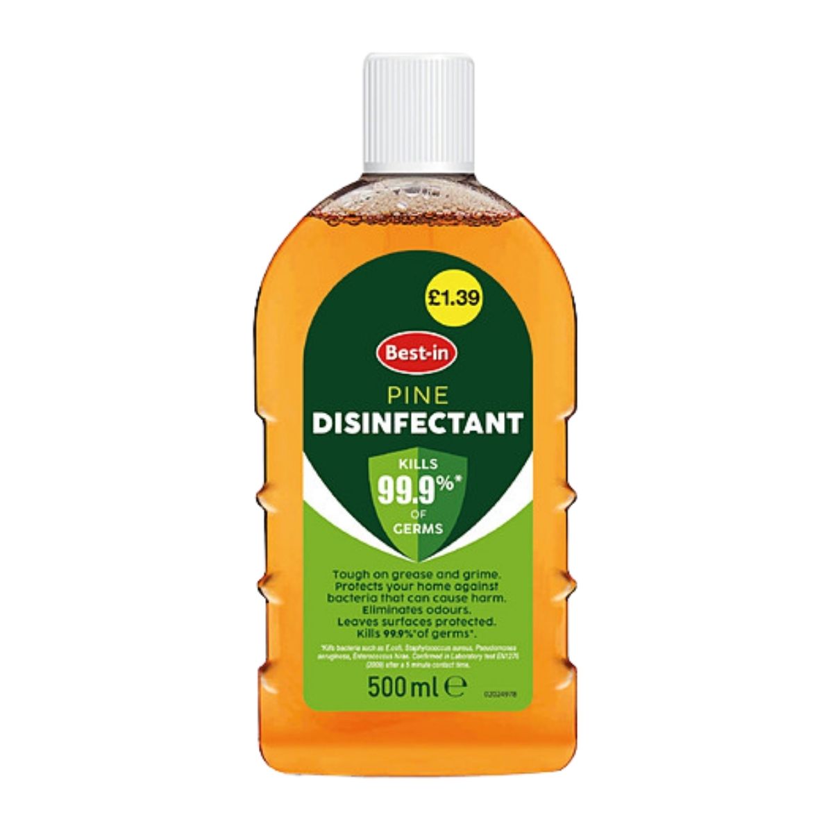 Best-in Pine Disinfectant 500ml, with a green label and priced at £1.39, delivers powerful cleaning and claims to kill 99.9% of germs for a hygienic environment. Best-in Pine Disinfectant 500ml, with a green label and priced at £1.39, delivers powerful cleaning and claims to kill 99.9% of germs for a hygienic environment.