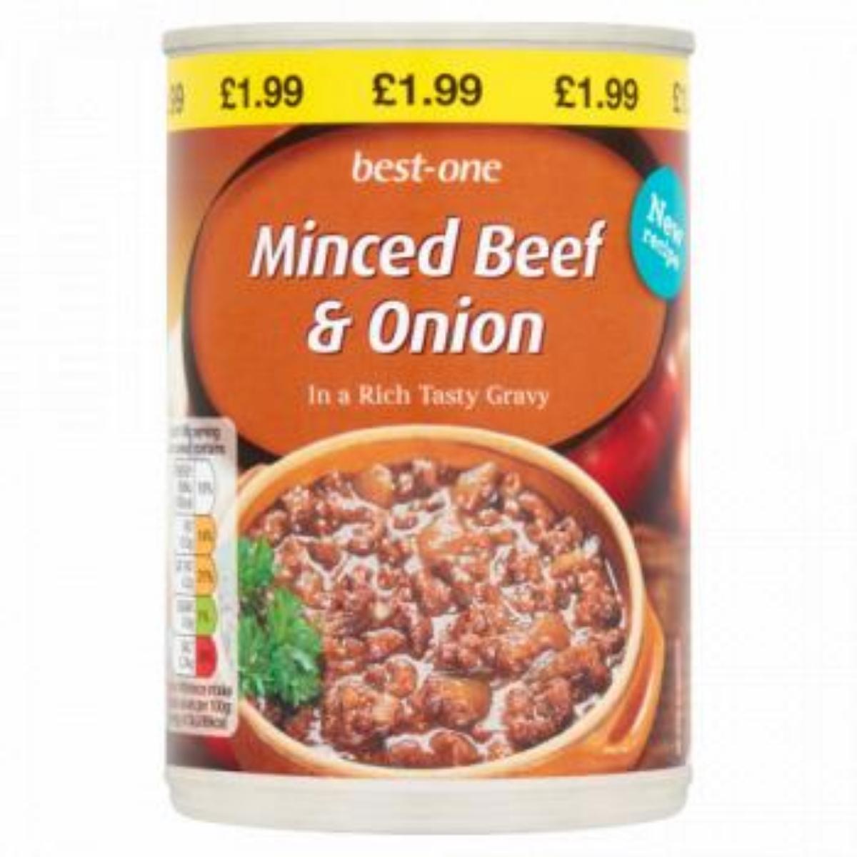A 390g can of Best-one Minced Beef & Onion in a rich and tasty gravy, distinguished by its yellow price label indicating £1.99, showcases an image of minced beef adorned with savory vegetable bouillon and enhanced with modified maize starch for a delightful texture. A 390g can of Best-one Minced Beef & Onion in a rich and tasty gravy, distinguished by its yellow price label indicating £1.99, showcases an image of minced beef adorned with savory vegetable bouillon and enhanced with modified maize starch for a delightful texture.