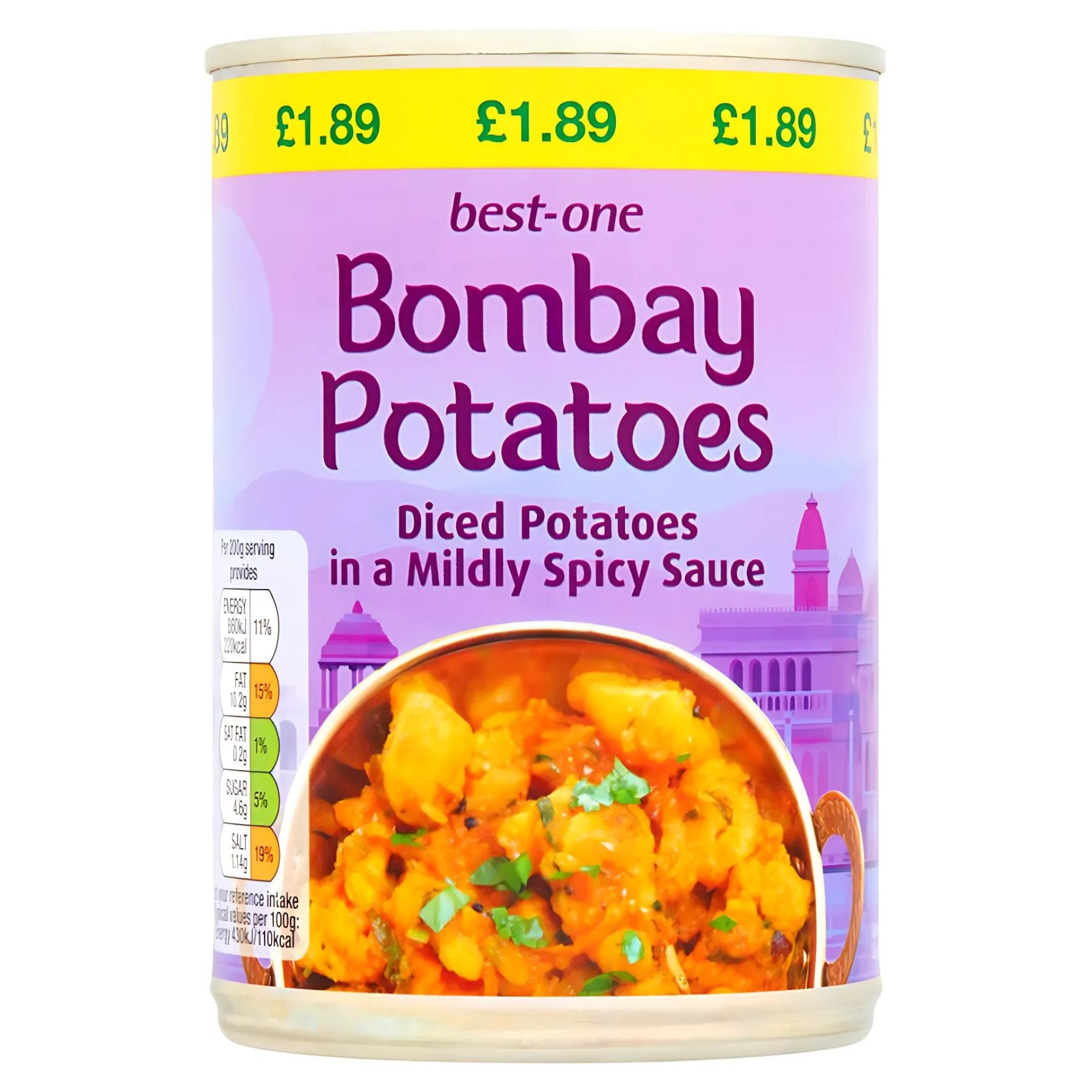 A 400g can of Best In Bombay Potatoes in Spicy Sauce, with diced potatoes in a mildly spicy Indian sauce, dish image on the pack, and a £1.89 price displayed. A 400g can of Best In Bombay Potatoes in Spicy Sauce, with diced potatoes in a mildly spicy Indian sauce, dish image on the pack, and a £1.89 price displayed.