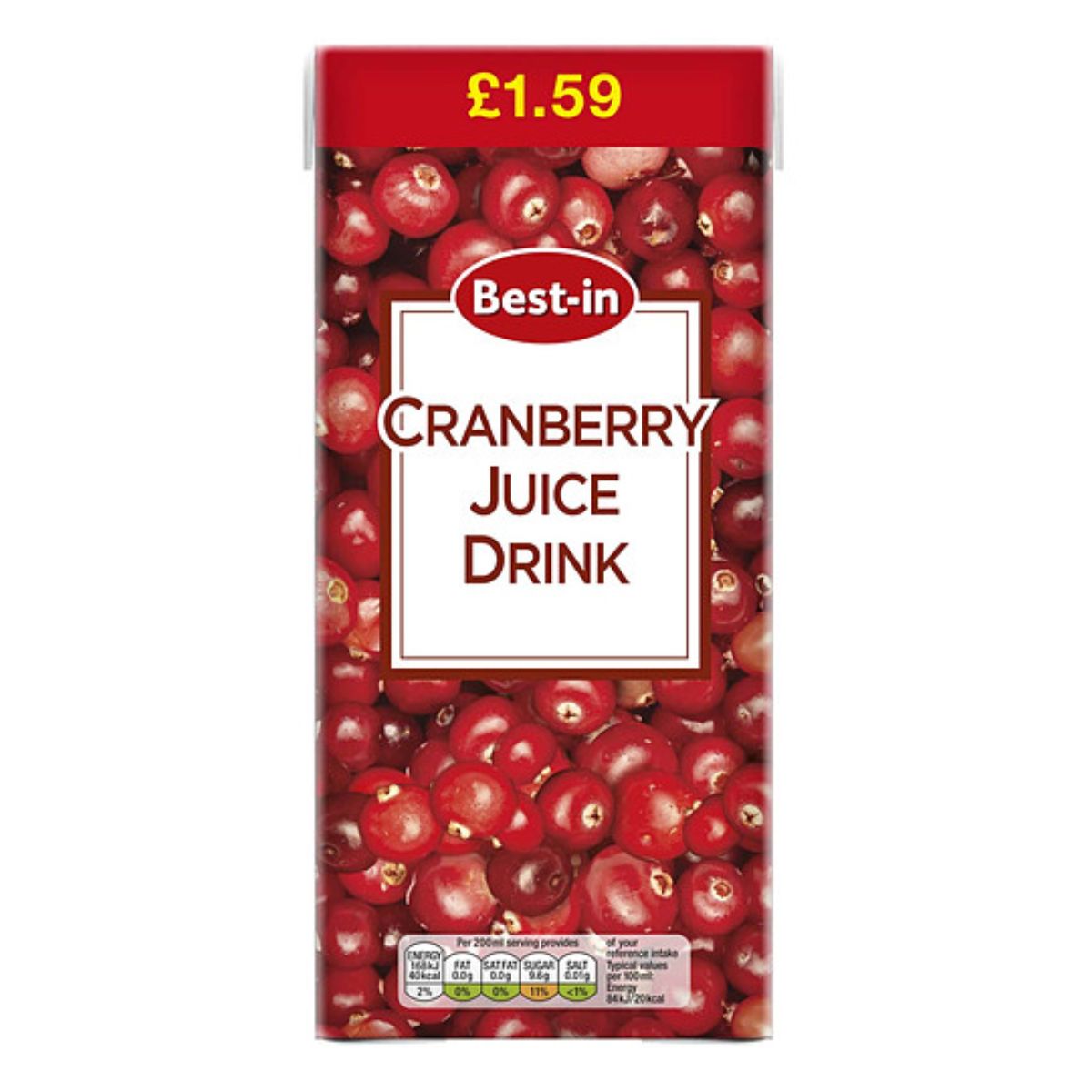 Carton of Best In Cranberry Juice - 1L priced at £1.59 with a prominent display of cranberries.