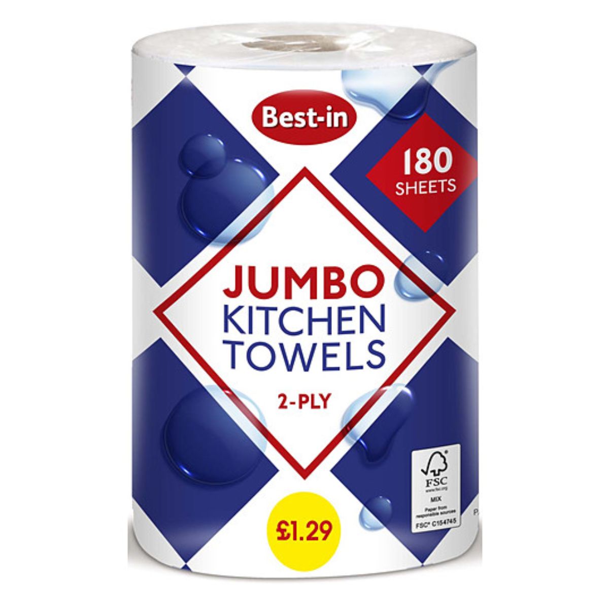 A pack of Best In - Jumbo Kitchen Towel 2ply White with 180 sheets priced at £1.29.