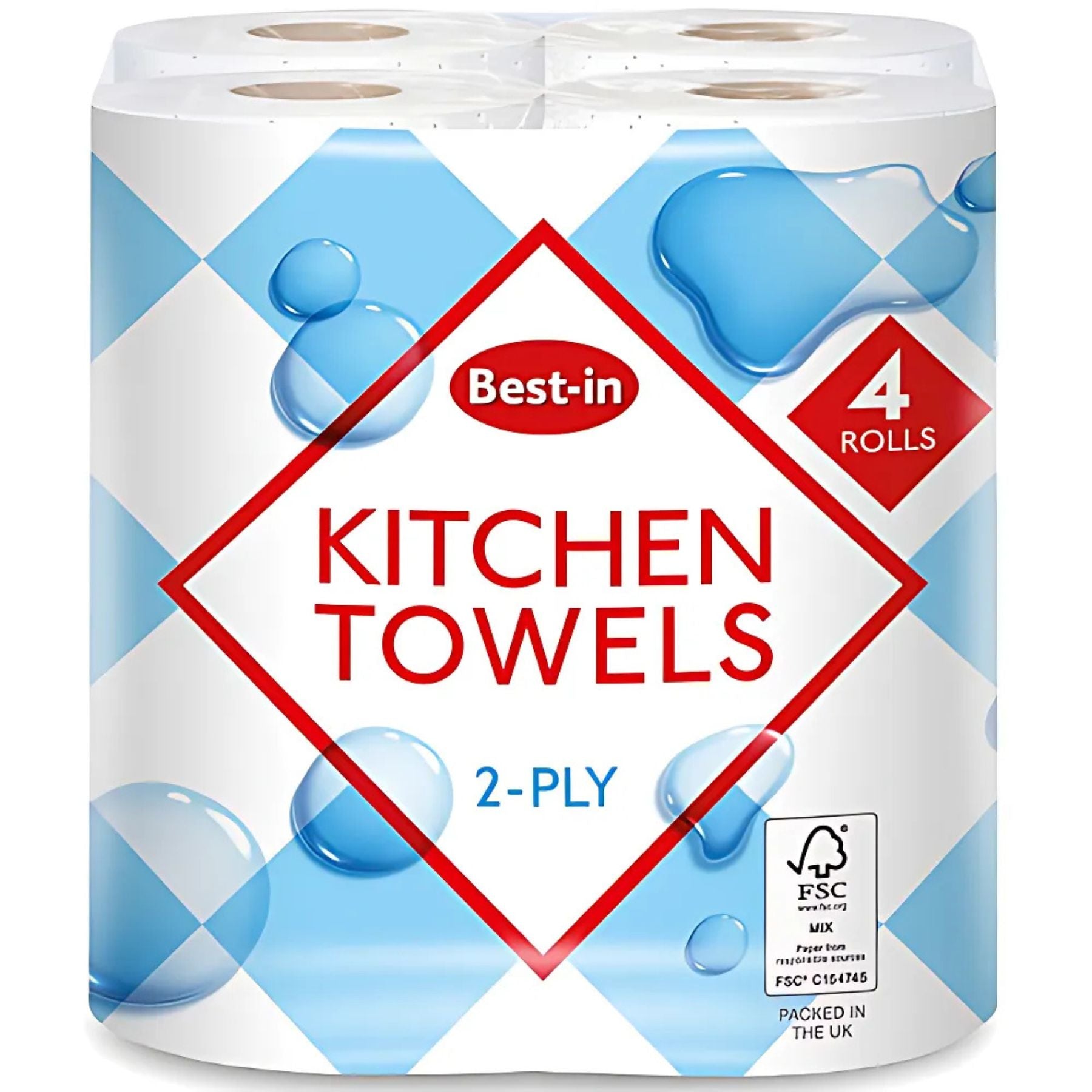 A four-pack of Best In 2-ply white kitchen towels (4 rolls) with blue checkered and water droplet design on the packaging. A four-pack of Best In 2-ply white kitchen towels (4 rolls) with blue checkered and water droplet design on the packaging.