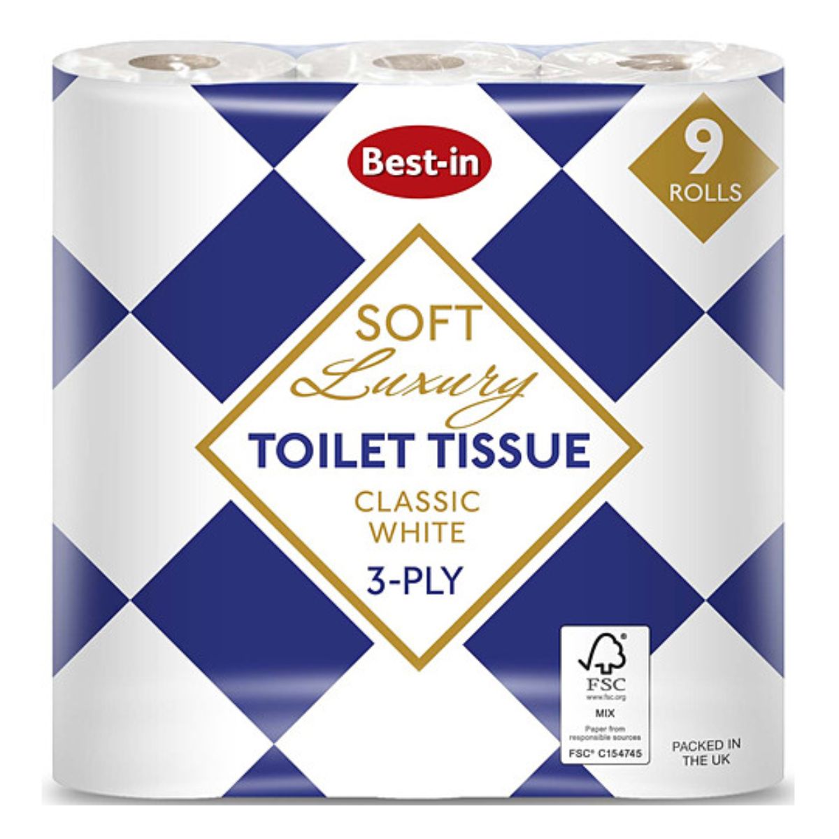 Pack of 9 Best In luxury toilet tissue white rolls with a blue and white checker pattern and a label reading "soft luxury toilet tissue, classic white," certified by fsc.