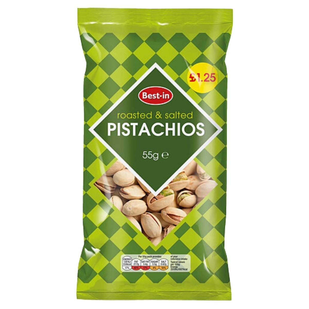 A 55g package of Best In Roasted & Salted Pistachios priced at £1.25, showcasing a green and yellow checkered design. A 55g package of Best In Roasted & Salted Pistachios priced at £1.25, showcasing a green and yellow checkered design.