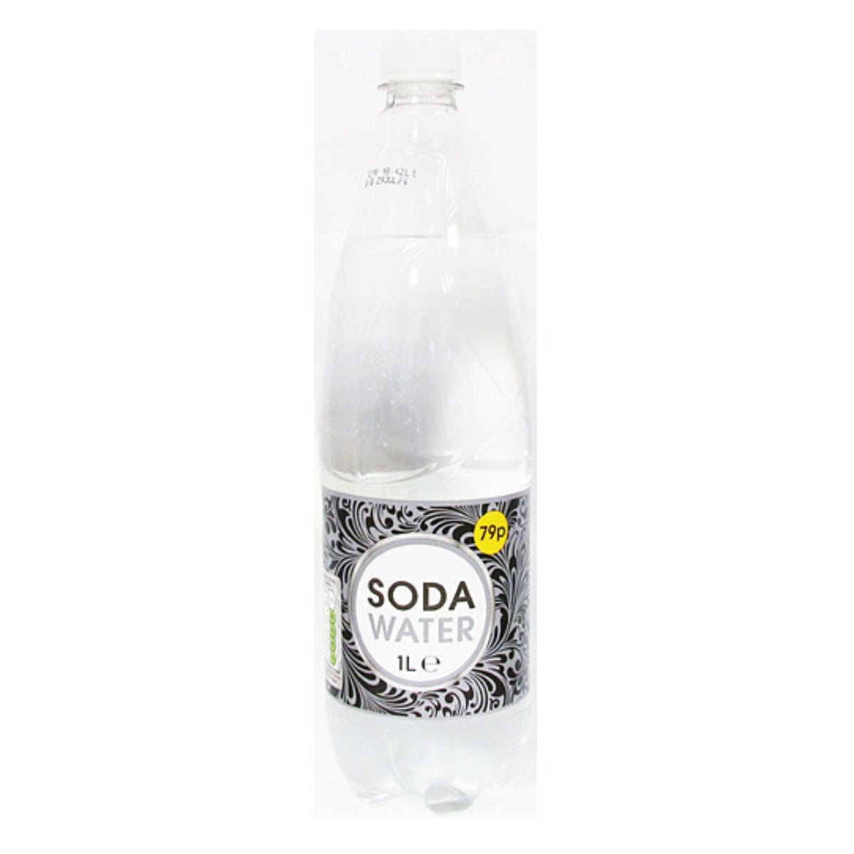 Clear plastic bottle of Best In Soda Water - 1L with a black and white label, priced at 79p, isolated on a white background. Clear plastic bottle of Best In Soda Water - 1L with a black and white label, priced at 79p, isolated on a white background.