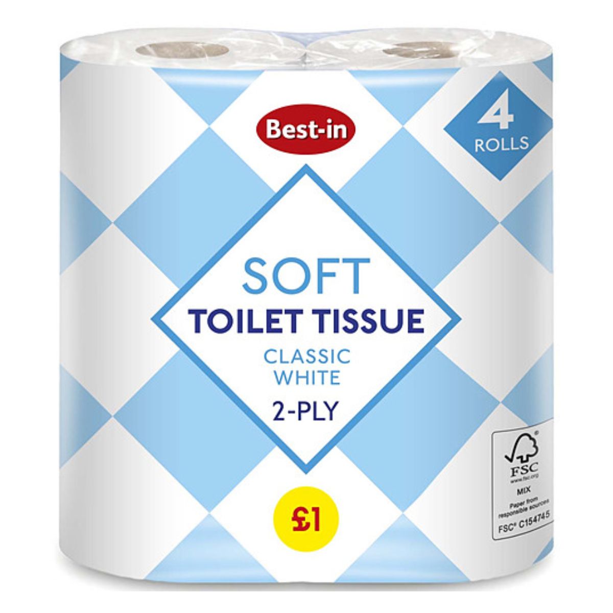 Pack of Best In - Sofft Toilet Tissue White - 4pcs in clear plastic wrapping, marked with a blue and white design and priced at £1.