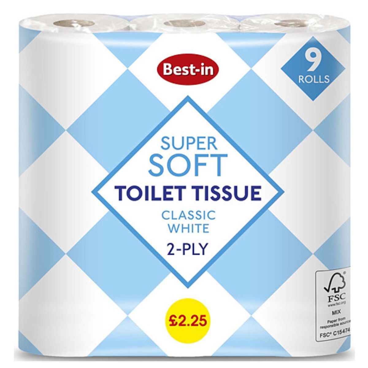 Pack of Best In - Soft Toilet Tissue White - 9pcs, classic white 2-ply, in blue and white packaging, priced at £2.25.
