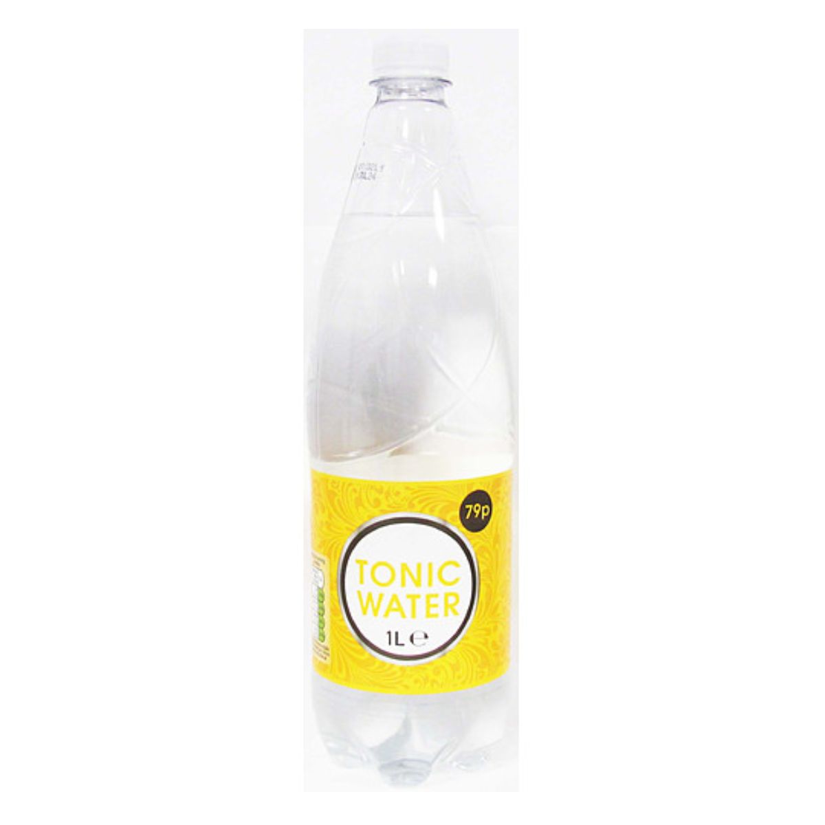 A clear, plastic 1-liter bottle of Best In Tonic Water with a yellow label displaying the price of 79p. A clear, plastic 1-liter bottle of Best In Tonic Water with a yellow label displaying the price of 79p.
