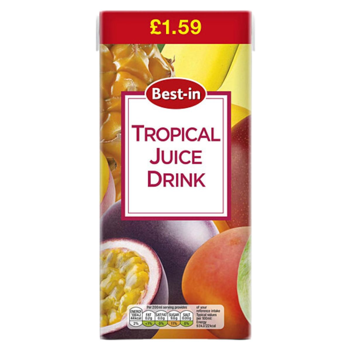 A carton of Best In - Tropical Juice Drink - 1L with a label.