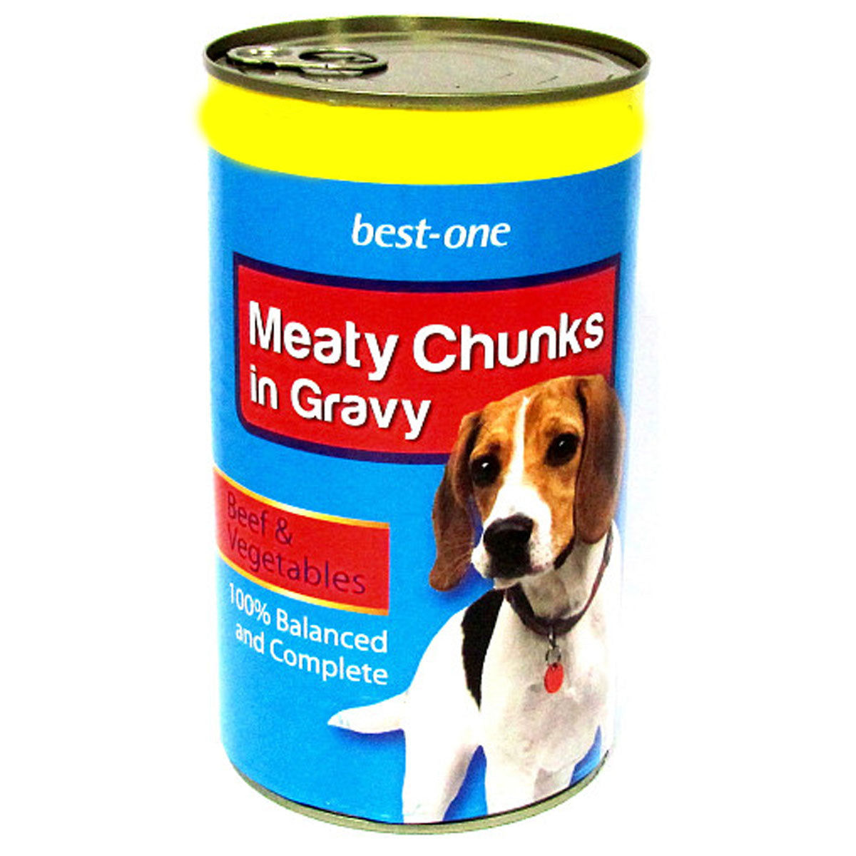 A can of Best One - Dog Beef & Vegetable - 1.2kg meaty chunks in gravy. A can of Best One - Dog Beef & Vegetable - 1.2kg meaty chunks in gravy.