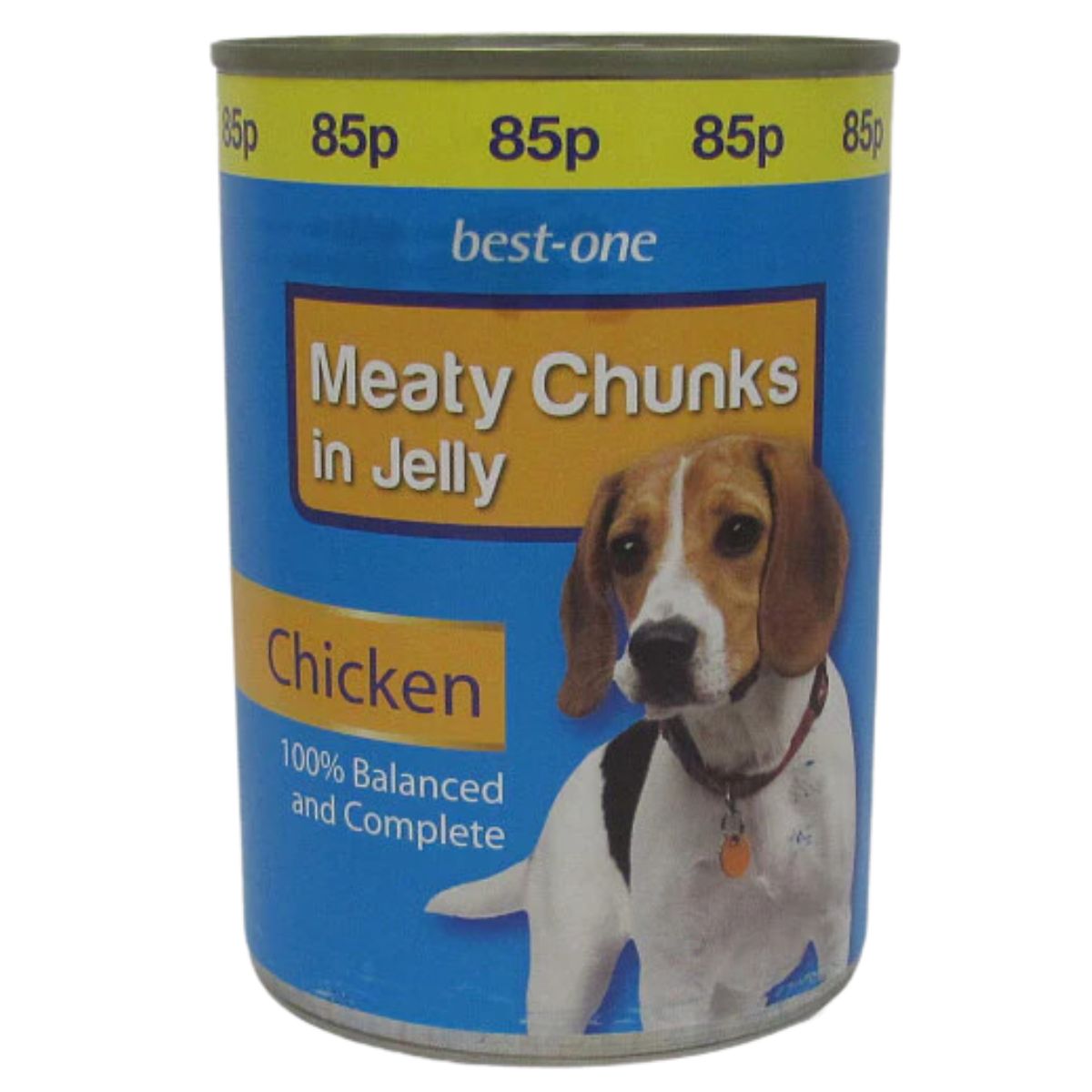 Can of Best One - Meaty Chunks in Jelly Chicken - 400g featuring meaty chunks in jelly with chicken flavor, displaying a beagle on the label.