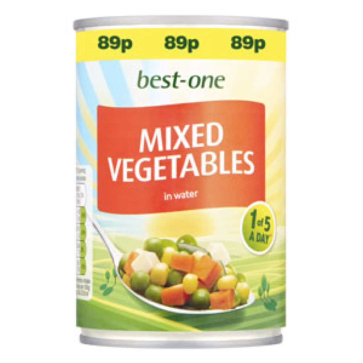Can of Best One Mixed Vegetables in Water with Added Sugar and Salt, 300g, priced at 89p. This healthy option is labeled as 1 of your 5 a day. Can of Best One Mixed Vegetables in Water with Added Sugar and Salt, 300g, priced at 89p. This healthy option is labeled as 1 of your 5 a day.