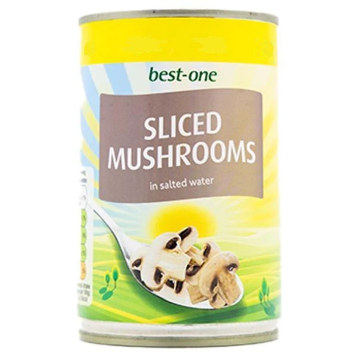 A 290g can of Best One Sliced Mushrooms in Salted Water, adorned with an image of mushrooms on a spoon set against a sunburst background. A 290g can of Best One Sliced Mushrooms in Salted Water, adorned with an image of mushrooms on a spoon set against a sunburst background.