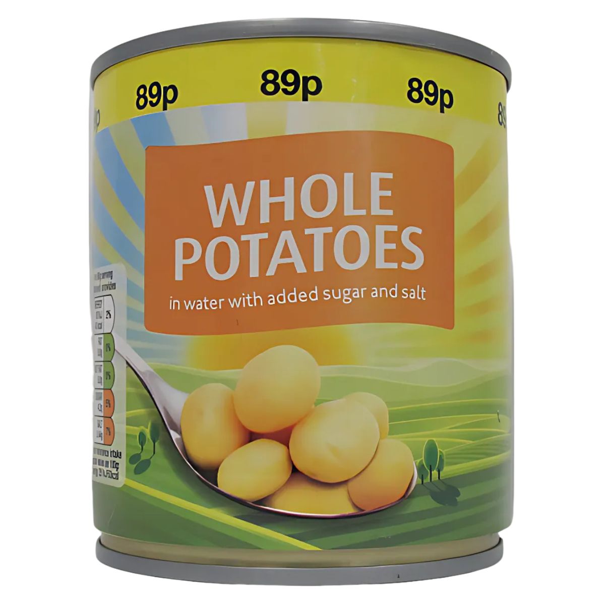 A 300g can of Best One Whole Potatoes in water with sugar and salt, ideal for a delicious meal, priced at 89p. The label showcases a spoon with potatoes against a vibrant background. A 300g can of Best One Whole Potatoes in water with sugar and salt, ideal for a delicious meal, priced at 89p. The label showcases a spoon with potatoes against a vibrant background.
