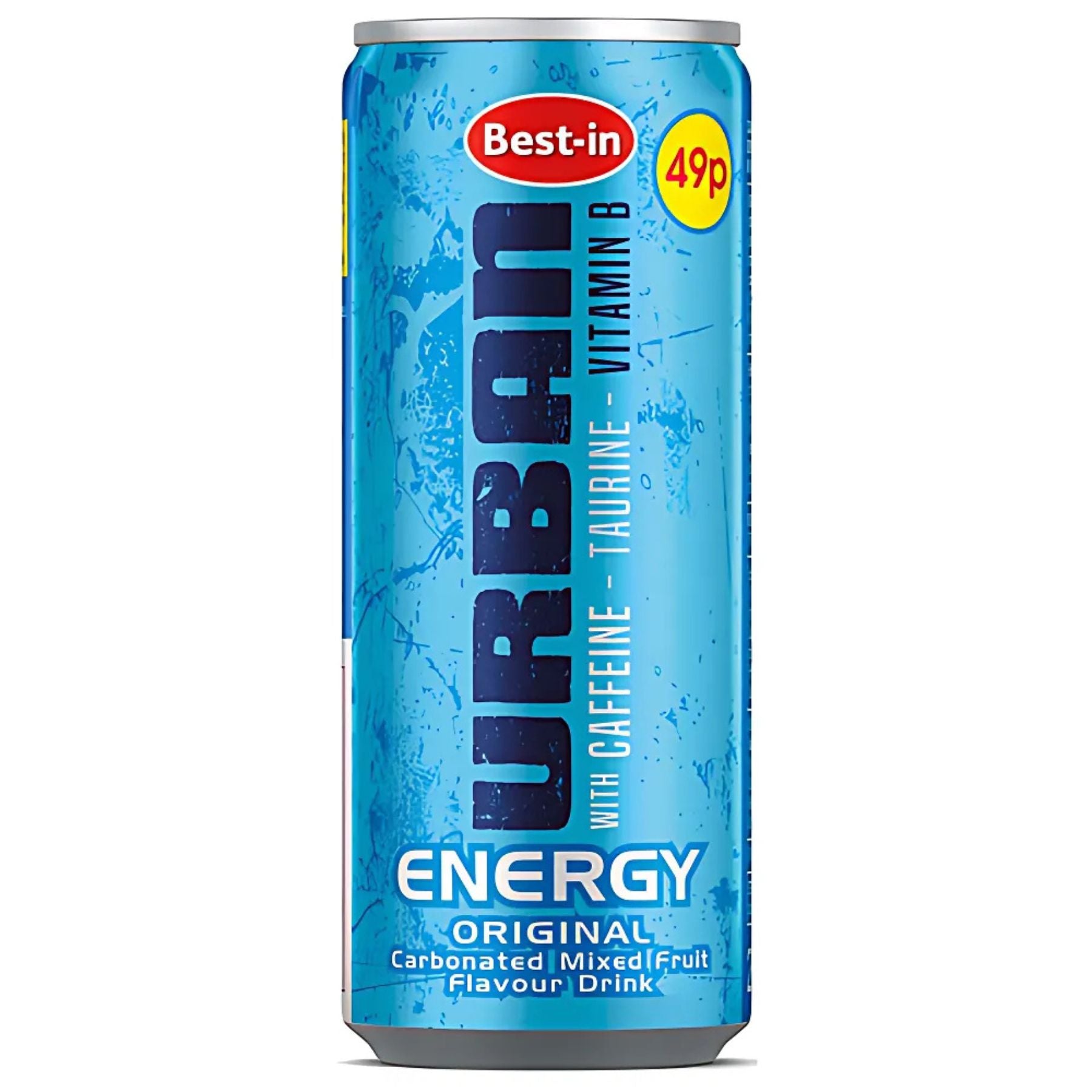 A 250ml can of Best in - Urban Original Mixed Fruit Flavoured Energy Drink with caffeine, taurine, and vitamin B, priced at 49p. A 250ml can of Best in - Urban Original Mixed Fruit Flavoured Energy Drink with caffeine, taurine, and vitamin B, priced at 49p.