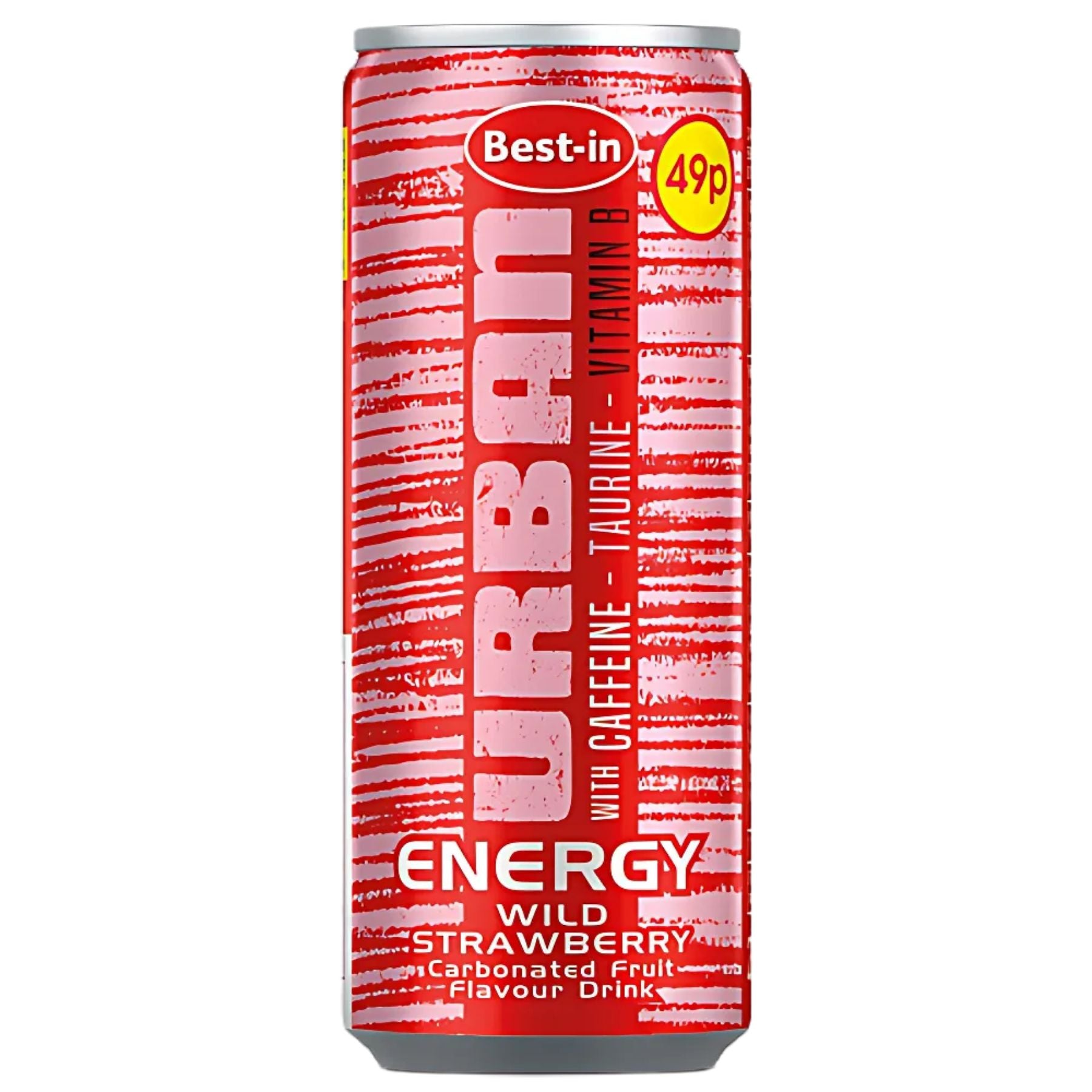 A 250ml can of Best in - Urban Wild Strawberry Flavour Energy Drink delivers an energizing boost with caffeine, taurine, and vitamin B. Enjoy the bold wild strawberry flavor for just 49p. A 250ml can of Best in - Urban Wild Strawberry Flavour Energy Drink delivers an energizing boost with caffeine, taurine, and vitamin B. Enjoy the bold wild strawberry flavor for just 49p.