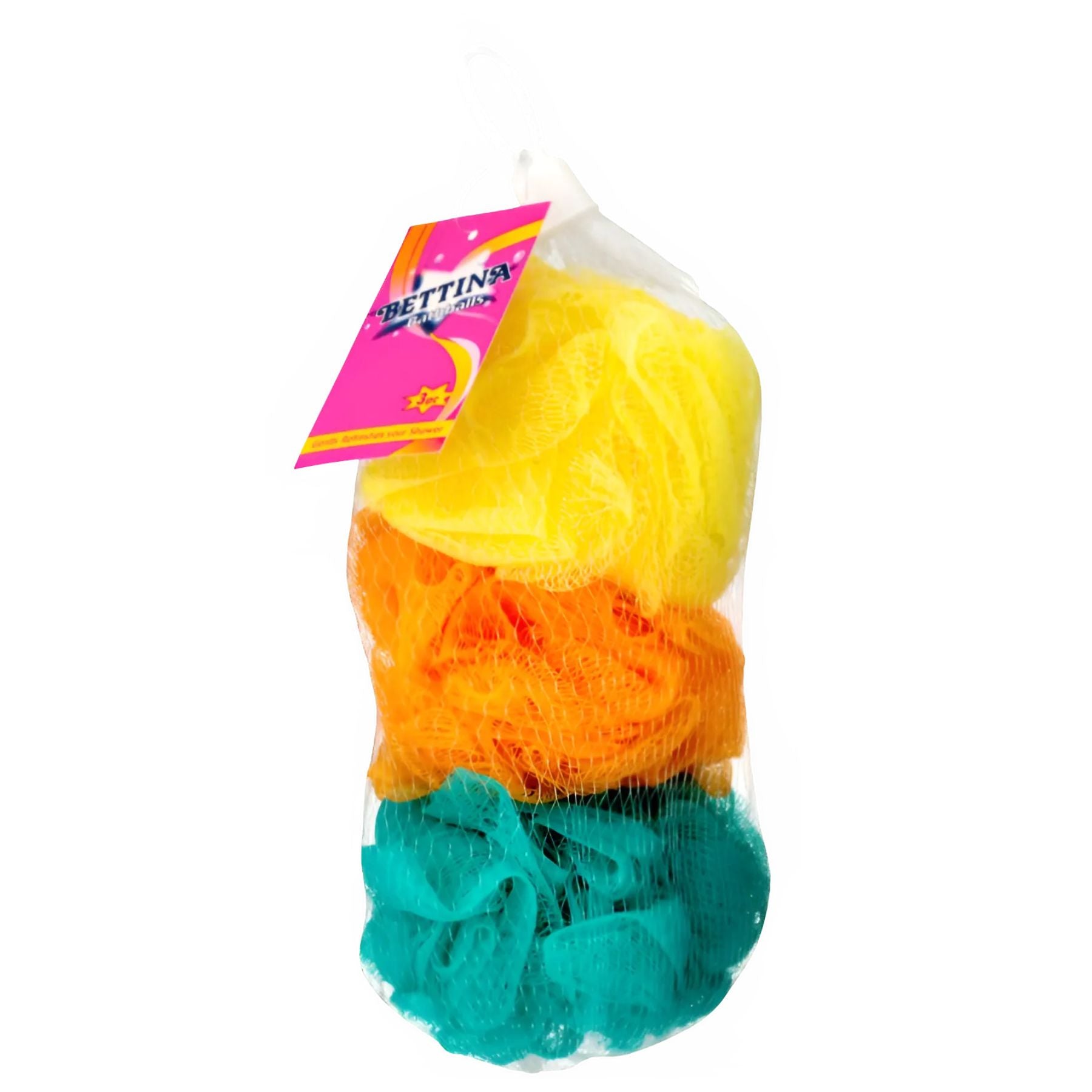 The Bettina Bath Balls 3 Pieces set includes yellow, orange, and teal sponges in a mesh bag with a pink label from the Bettina brand. The Bettina Bath Balls 3 Pieces set includes yellow, orange, and teal sponges in a mesh bag with a pink label from the Bettina brand.