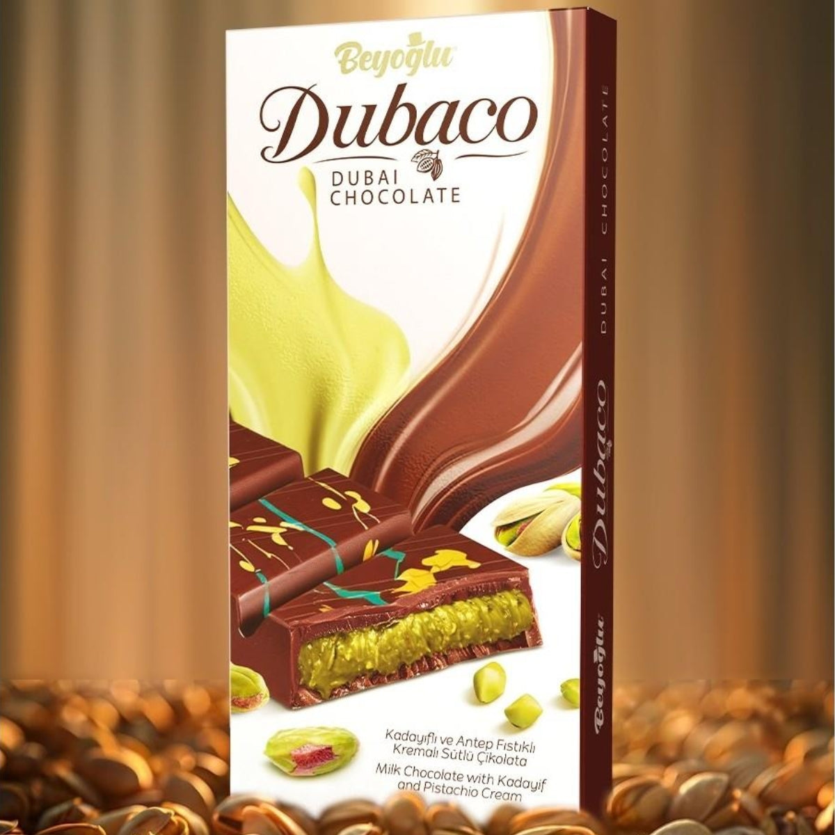 The Beyoglu Dubaco Premium Dubai Chocolate Bar (200g) features delicious milk chocolate with kadaif and pistachio cream. The Beyoglu Dubaco Premium Dubai Chocolate Bar (200g) features delicious milk chocolate with kadaif and pistachio cream.