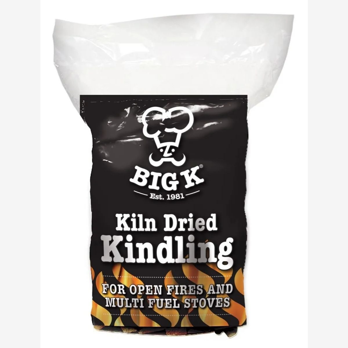 Big K - Kiln Dried Kindling (2kg): Ideal for open fires, multi-fuel stoves, or cozy campfires. Features beautifully illustrated flames at the bottom. Big K - Kiln Dried Kindling (2kg): Ideal for open fires, multi-fuel stoves, or cozy campfires. Features beautifully illustrated flames at the bottom.