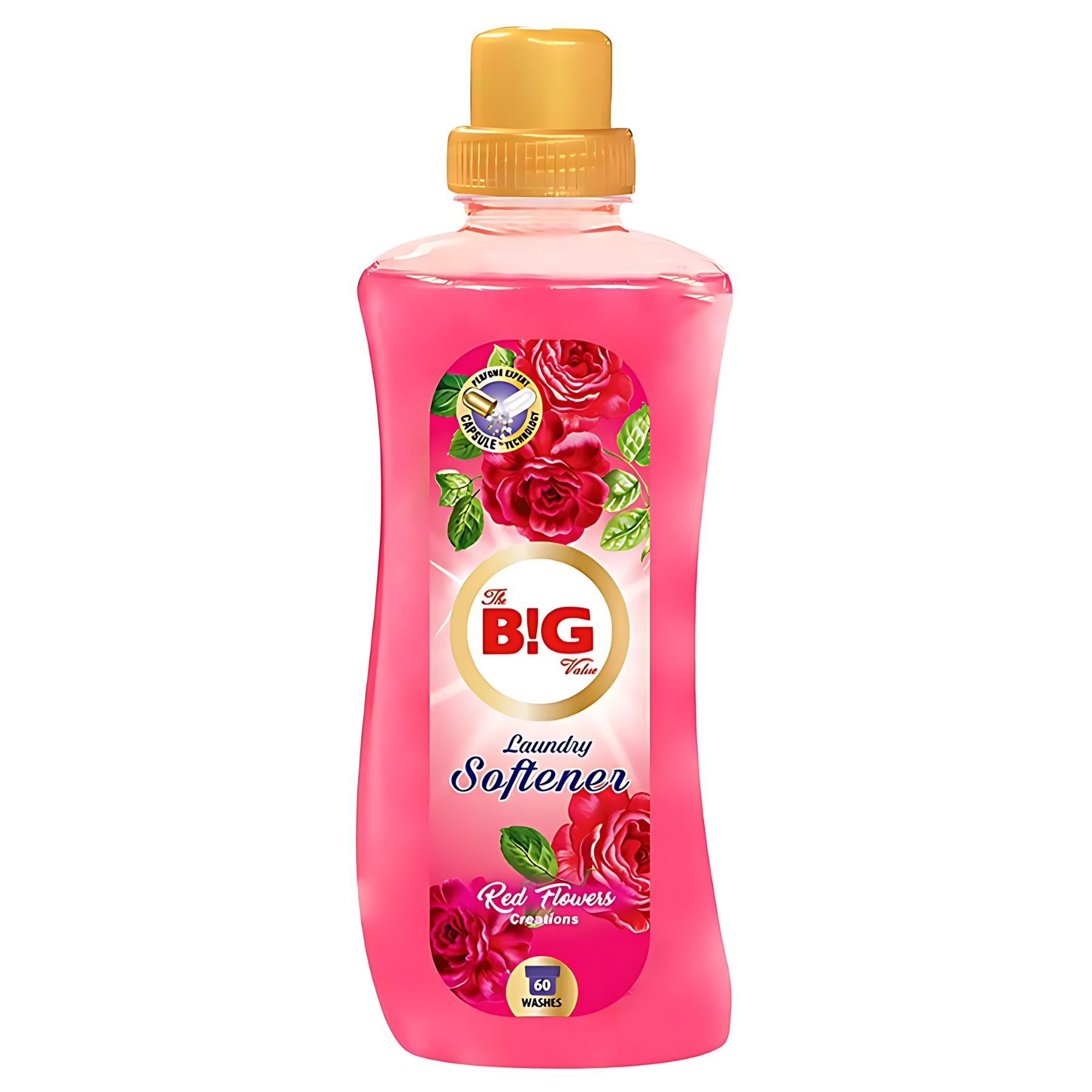 A pink bottle of Big Value Red Flowers Laundry Softener (1440ml, 60 washes) with a yellow cap and red flowers on the label, delivering a delightful floral scent to your fabrics. A pink bottle of Big Value Red Flowers Laundry Softener (1440ml, 60 washes) with a yellow cap and red flowers on the label, delivering a delightful floral scent to your fabrics.