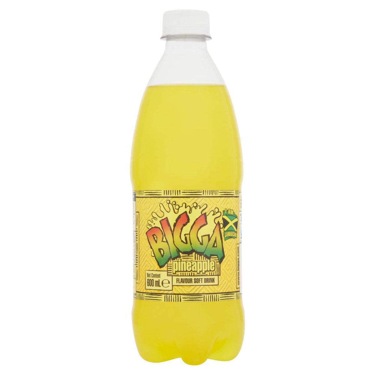 A bottle of Bigga - Pineapple Flavour Soft Drink - 600ml on a white background.