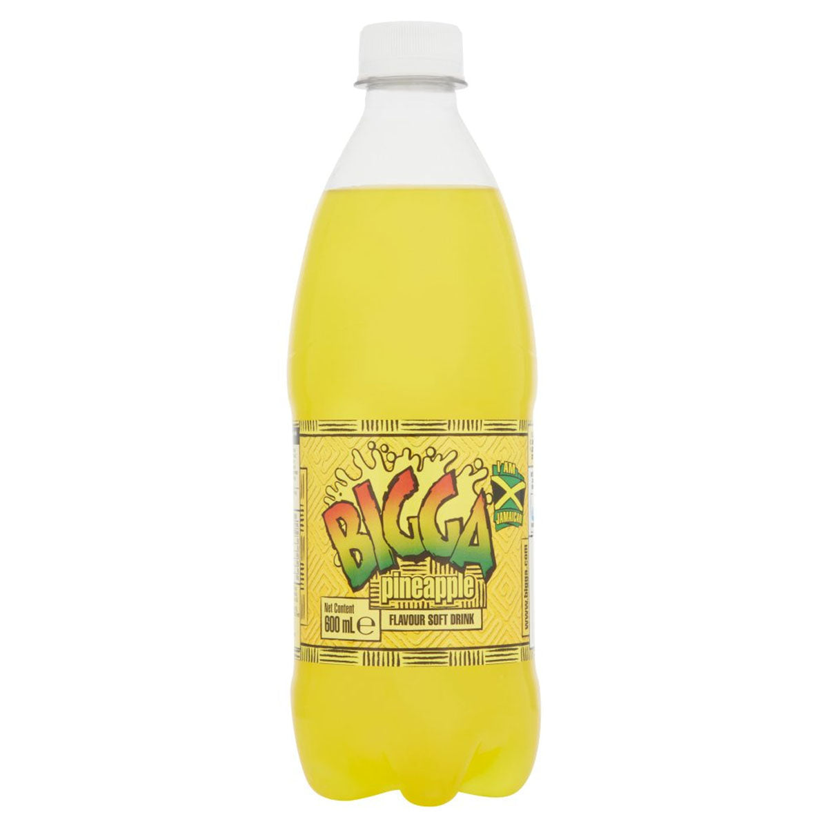 A bottle of Bigga - Pineapple Flavour Soft Drink - 600ml on a white background. A bottle of Bigga - Pineapple Flavour Soft Drink - 600ml on a white background.