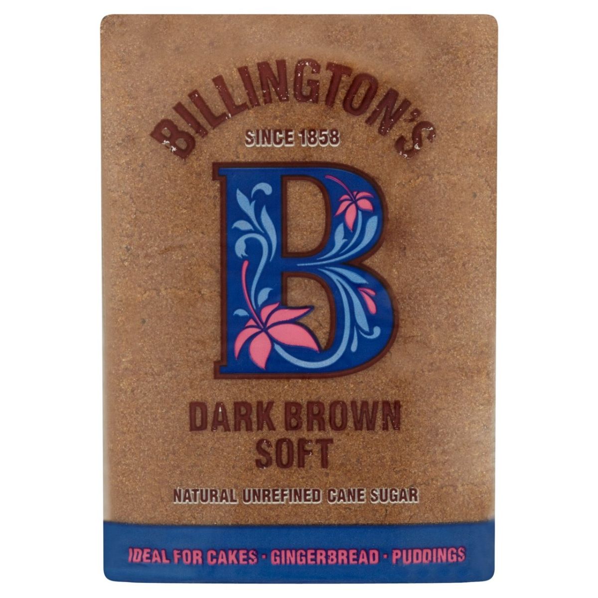 A package of Billington's Dark Brown Soft Sugar - 500g, ideal for cakes, gingerbread, and puddings.