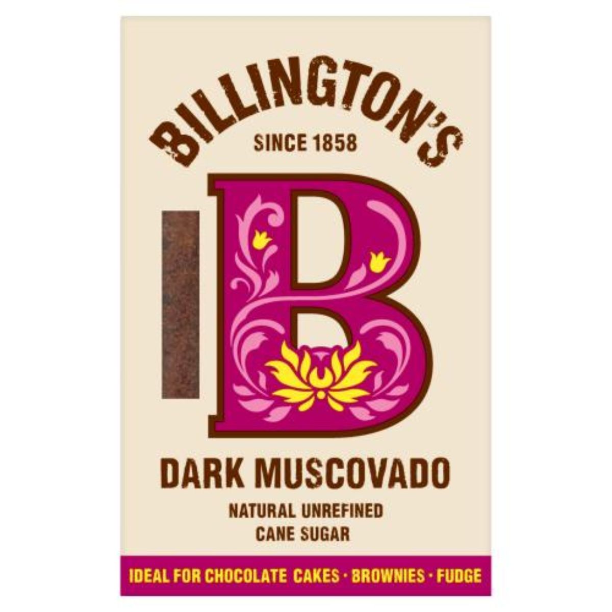 A package of Billington's Dark Muscovado Sugar - 500g, ideal for chocolate cakes, brownies, and fudge.