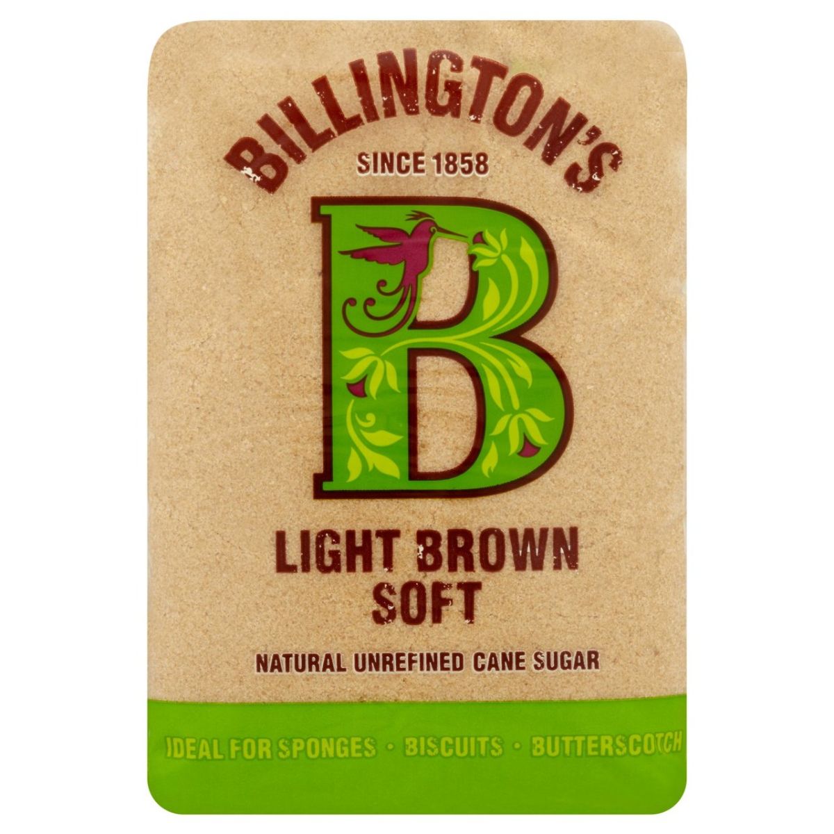 A package of Billington's Light Brown Soft Sugar, recommended for sponges, biscuits, and butterscotch.