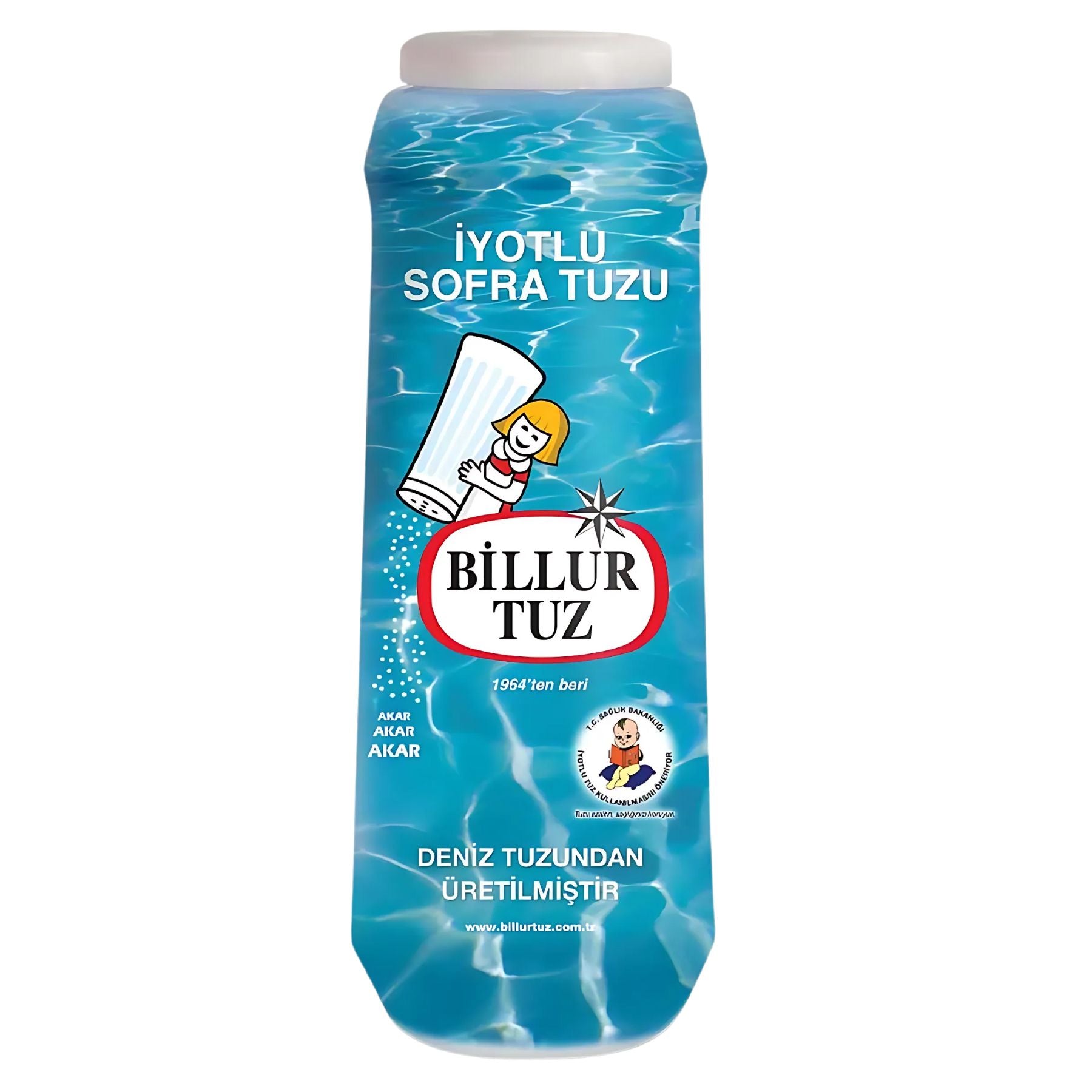 A 500g container of Billur Iodized Table Salt shows a blue, water-themed background and white Turkish text. A 500g container of Billur Iodized Table Salt shows a blue, water-themed background and white Turkish text.