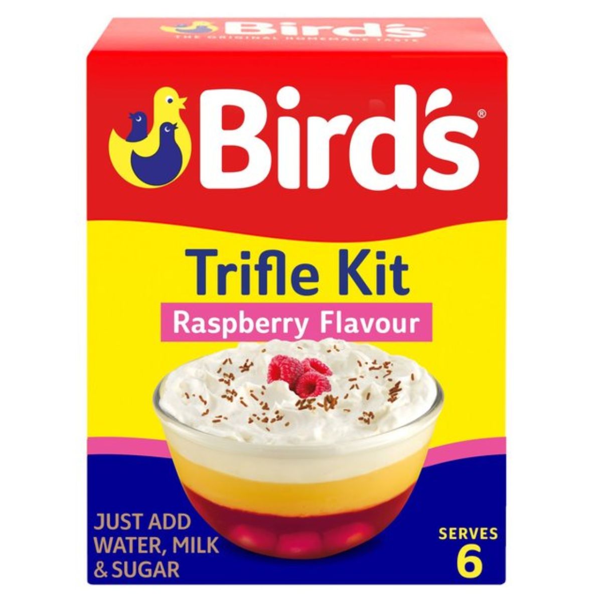 A Birds - Trifle Kit Raspberry Flavour - 141g which serves 6, with instructions to add water, milk, and sugar.