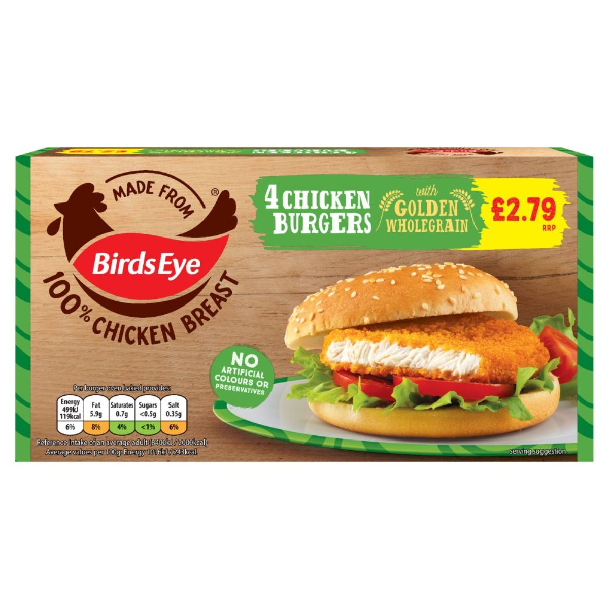 Birds Eye - 4 Chicken Burgers - 220g top of the range chicken breast. Birds Eye - 4 Chicken Burgers - 220g top of the range chicken breast.