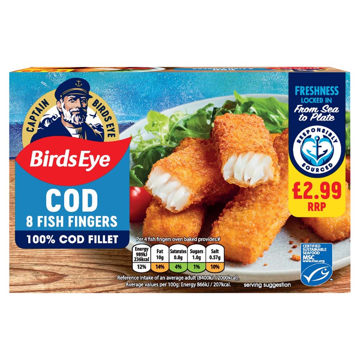Bird's Eye - 8 Cod Fish Fingers - 224g cod fillets. Bird's Eye - 8 Cod Fish Fingers - 224g cod fillets.