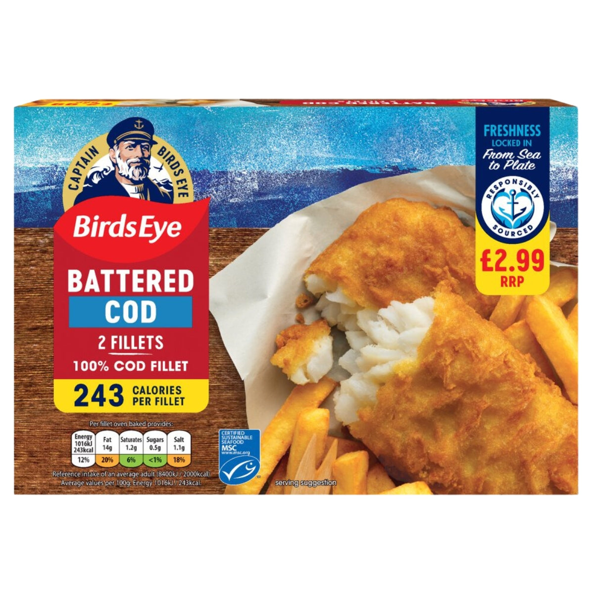 A box of Birds Eye - Battered Cod 2 Fillets - 200g with fries.