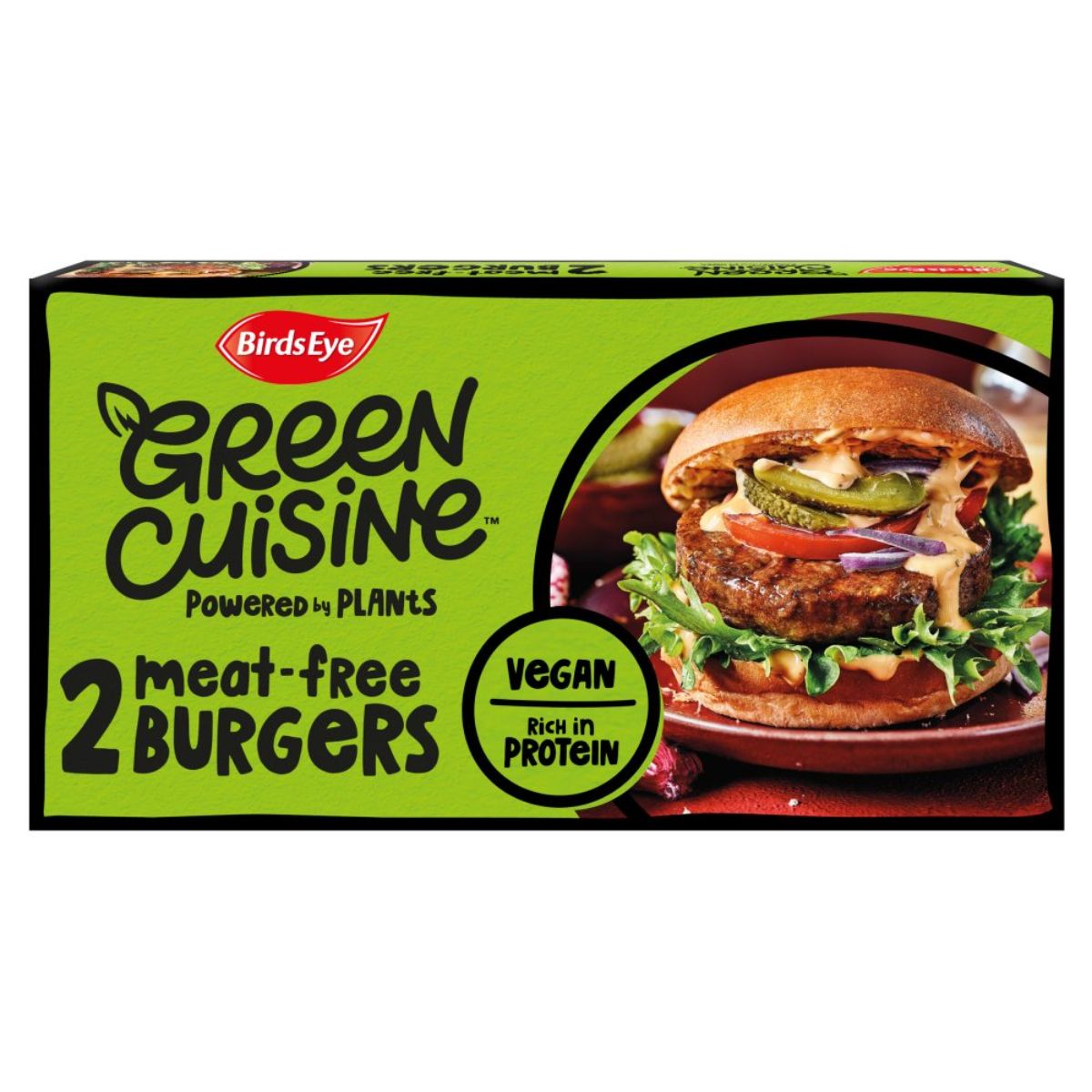 A box of Birds Eye - Green Cuisine 2 Meat Free Burgers - 200g. A box of Birds Eye - Green Cuisine 2 Meat Free Burgers - 200g.