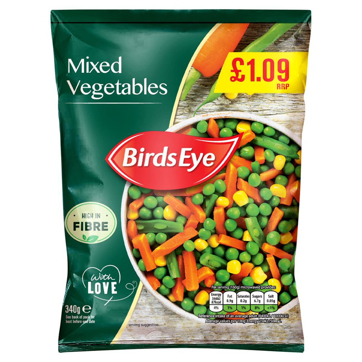 A bag of Birds Eye - Mixed Vegetables - 340g. A bag of Birds Eye - Mixed Vegetables - 340g.