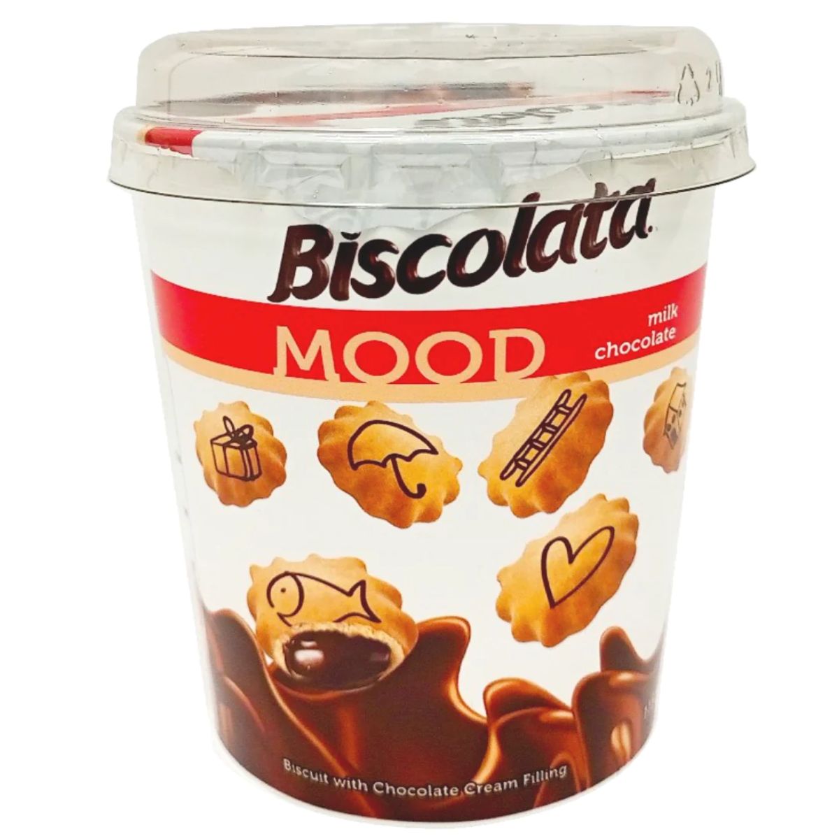 A bucket of Biscolata - Mini Biscuit with Milk Chocolate and Hazelnut - 100g on a white background.