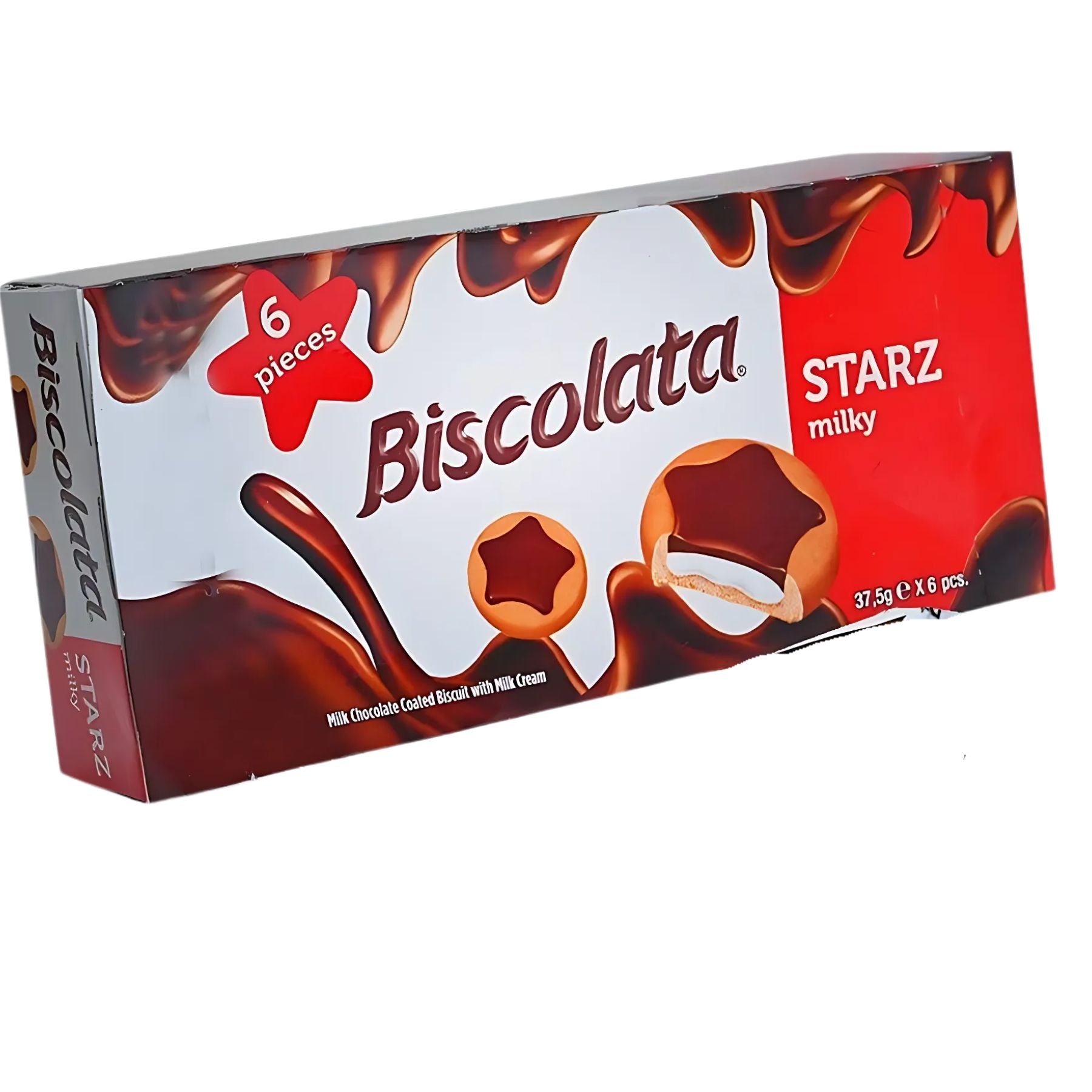A rectangular box of Biscolata Starz Milk Chocolate Coated Biscuit With Milk Cream (37.5g x 6pcs), featuring images of the biscuits on the packaging. A rectangular box of Biscolata Starz Milk Chocolate Coated Biscuit With Milk Cream (37.5g x 6pcs), featuring images of the biscuits on the packaging.
