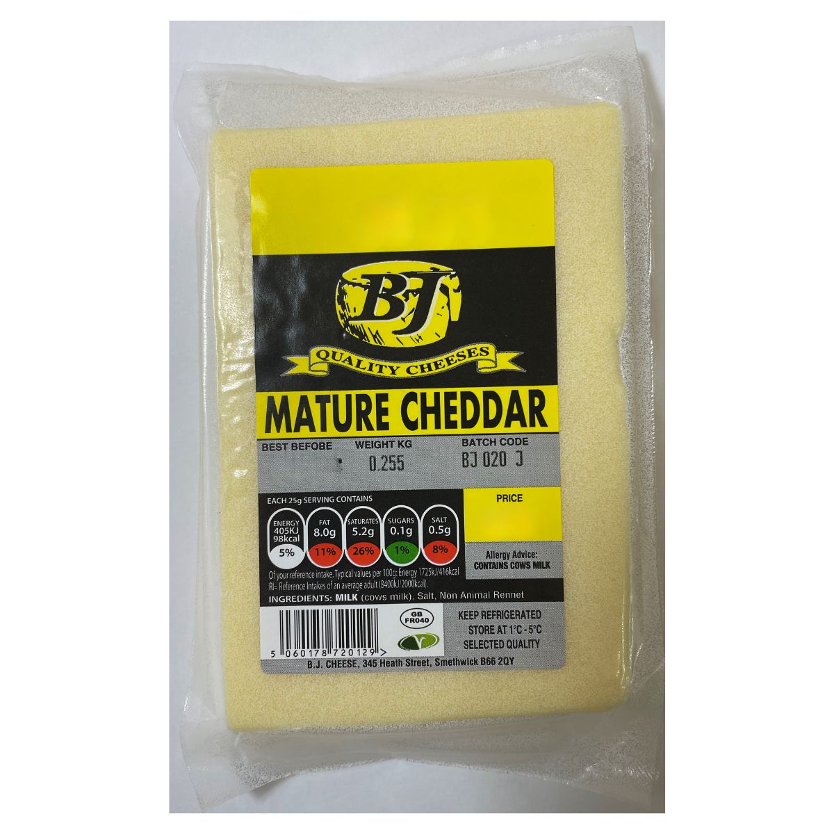 A package of Bj - Mature Cheddar - 255g cheese in a package.