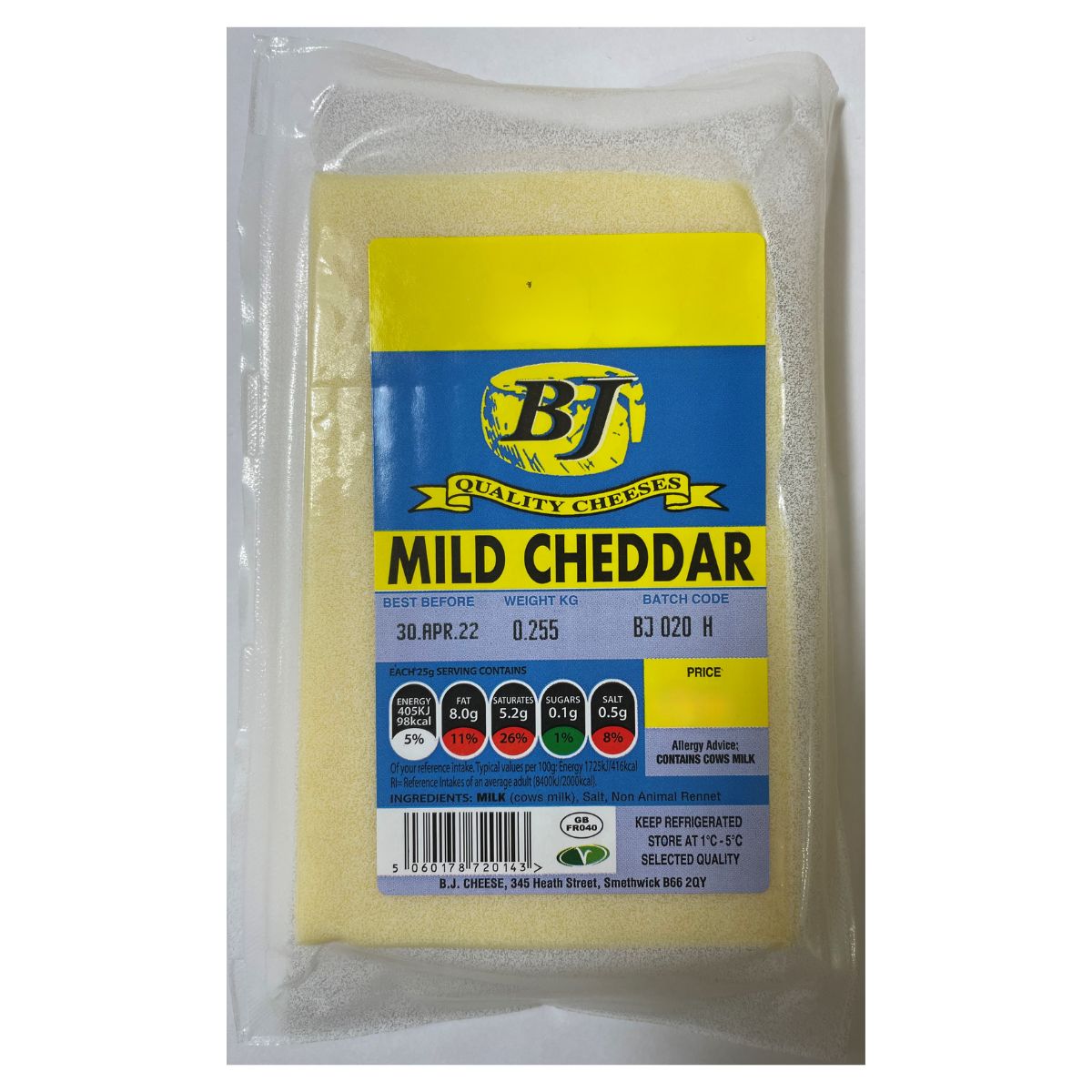 Bj - Mild Cheddar Cheese - 255g in a plastic bag.